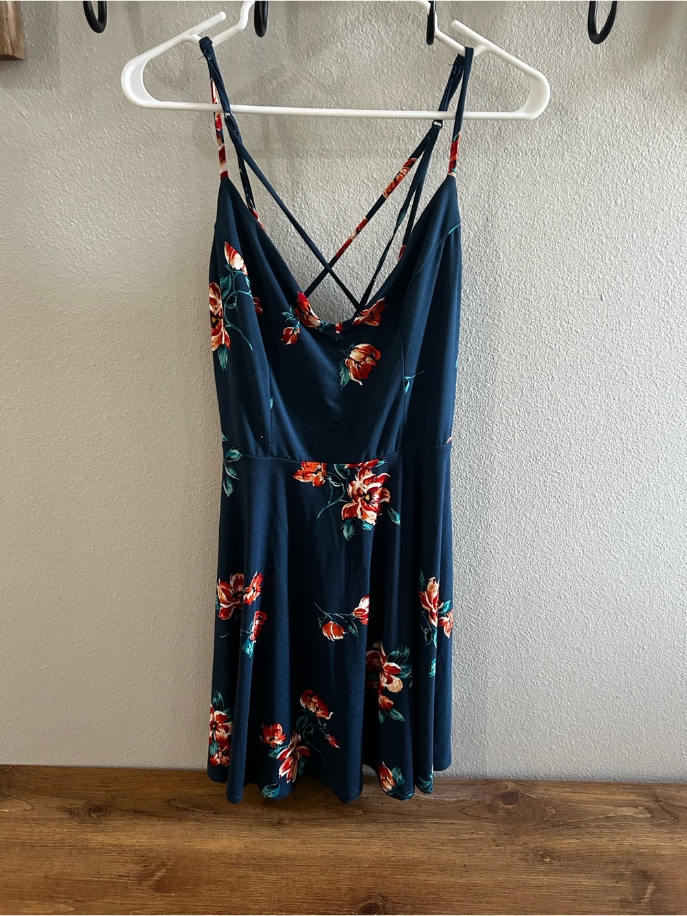 nine britton Navy Floral Mini Dress with Red Accent